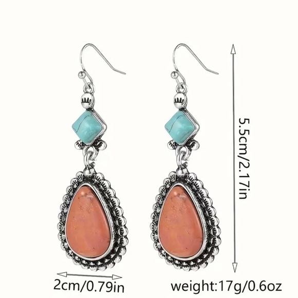 Vintage Waterdrop Shaped Orange and Turquoise Stone Dangle Earrings - Picture 4 of 5